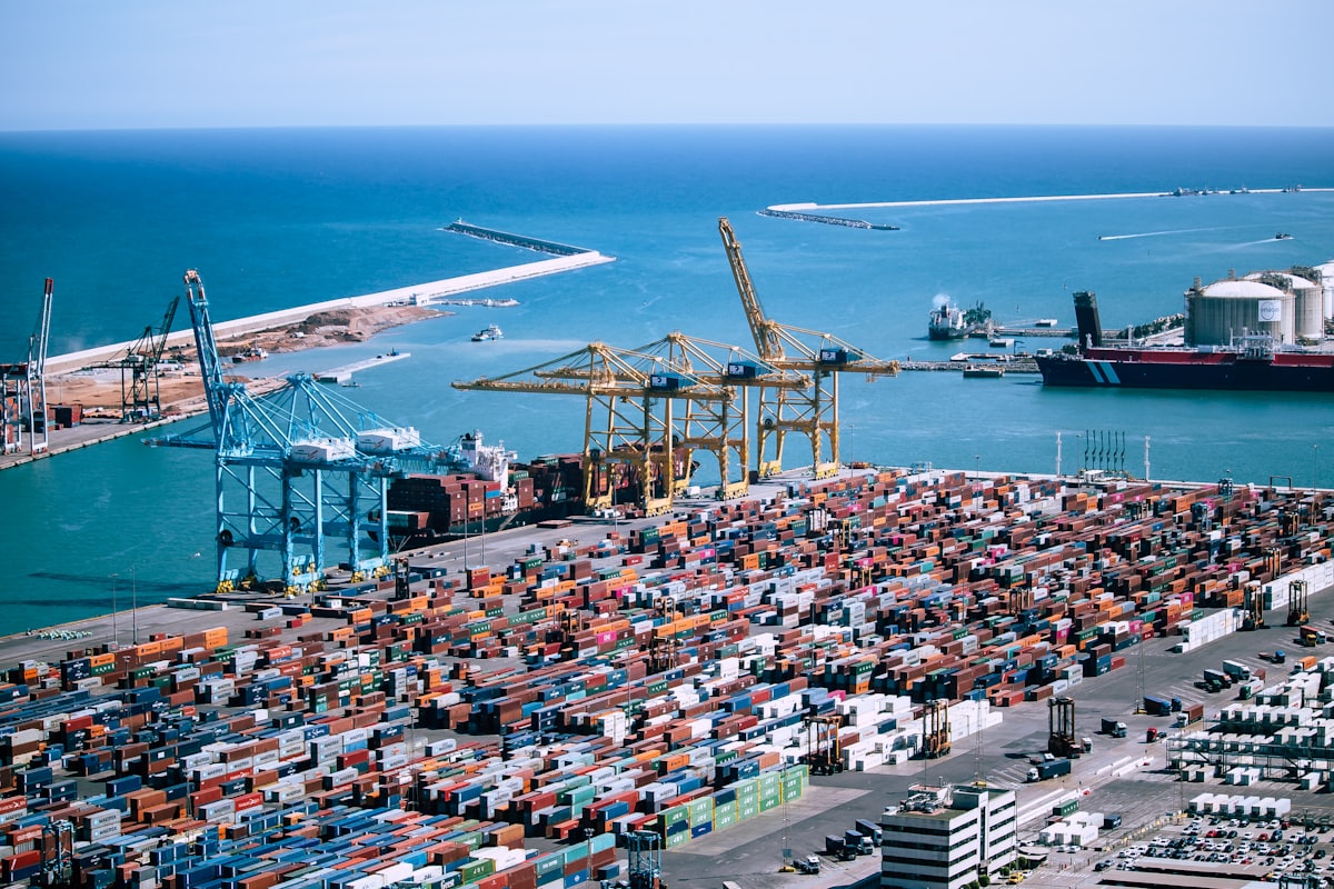 Aerial panorama of a coastal port and shipping channel