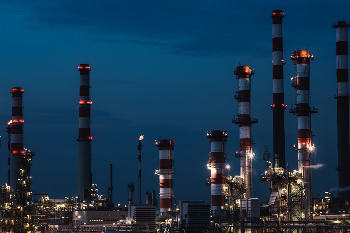 Petroleum terminal towers at dusk