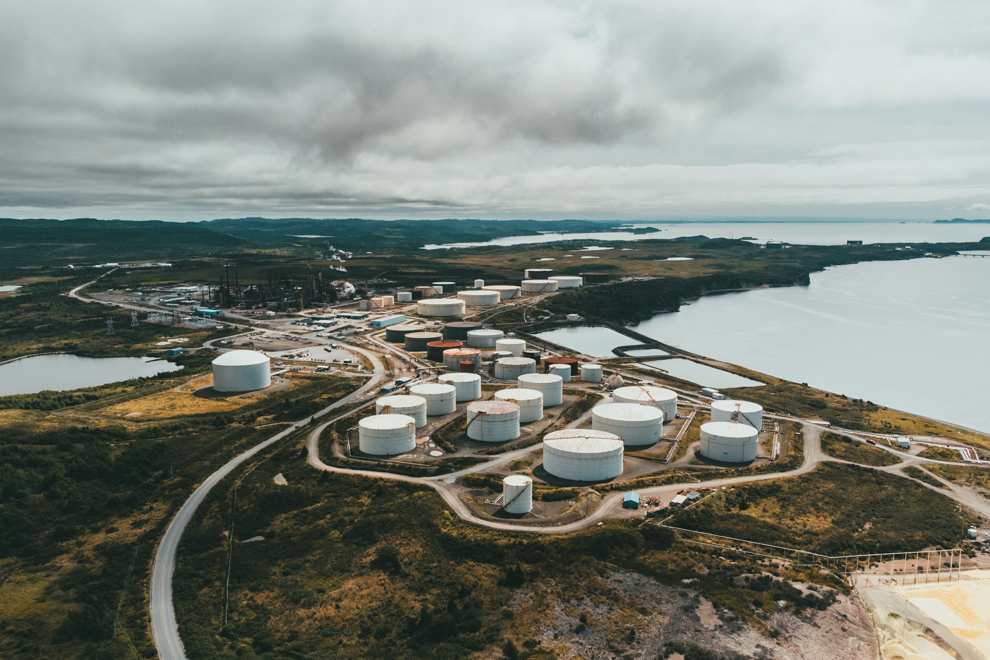 Aerial view of a large-scale petroleum storage tank farm terminal